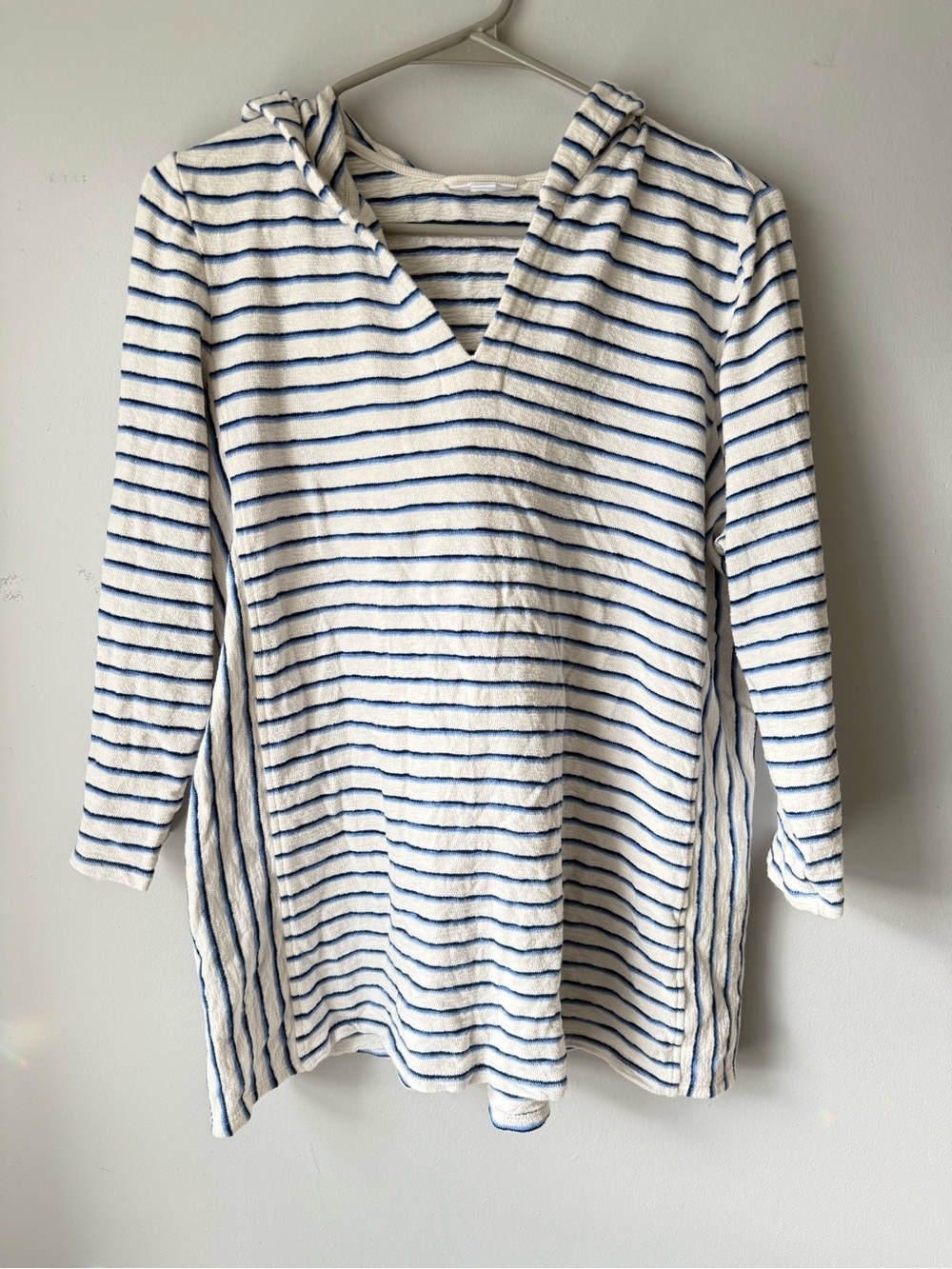 J. Jill Stripe Hooded Sweatshirt Vneck White Navy Blue Pattern Boho Size M